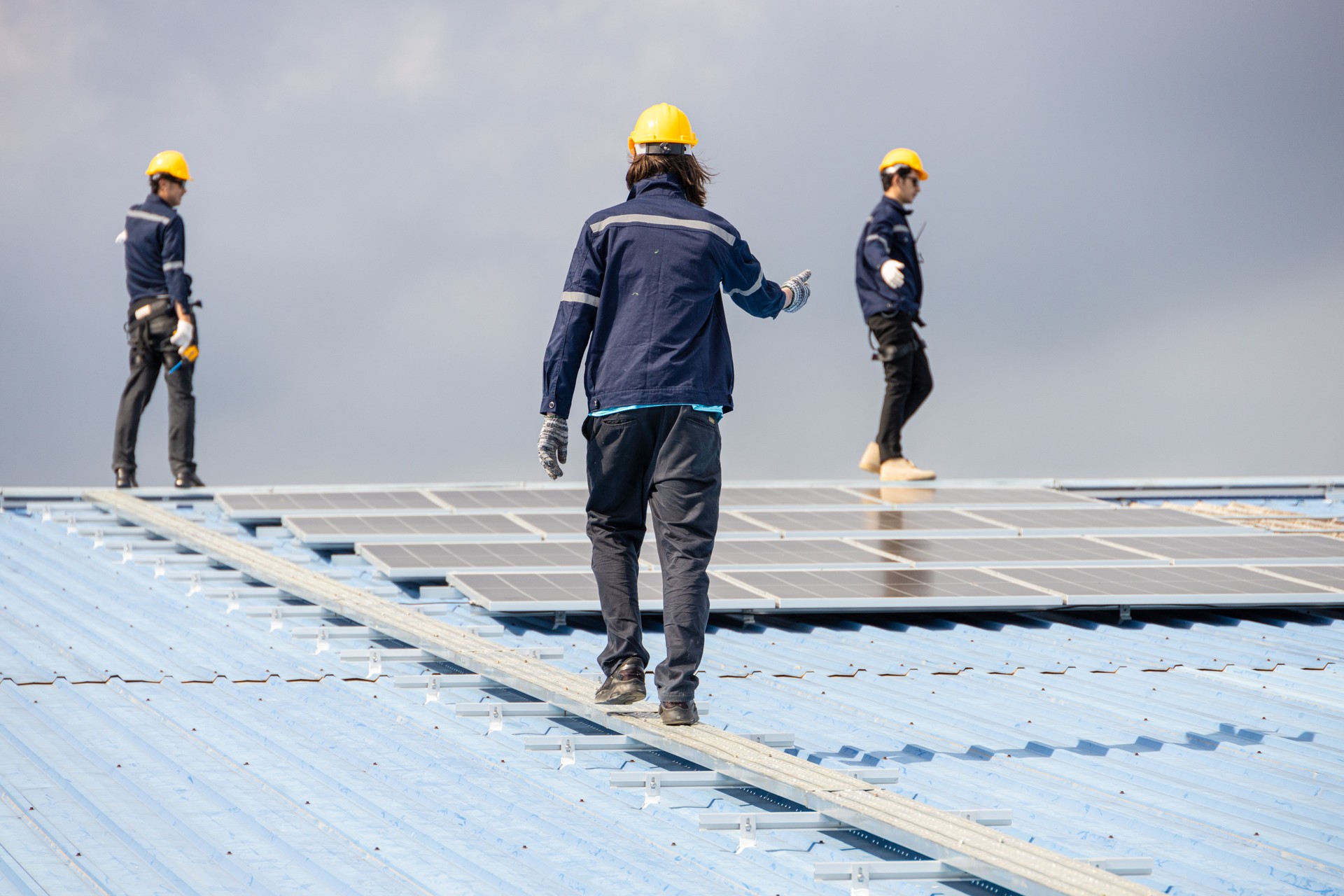 Professional Engineer Service Solar Panel. Worker Maintenance Cleaning Replacing Solar Panel.
